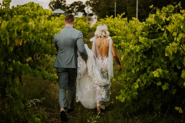 Bride and groom walking away through the vines, dress trailing