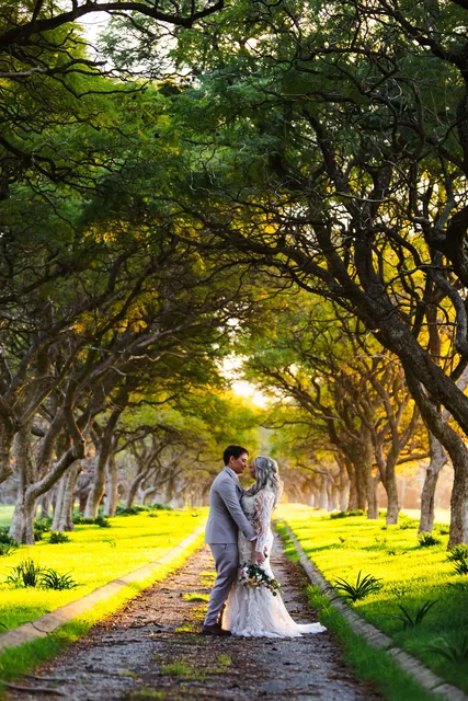 Two brides dipping into a kiss beneath the arch of trees