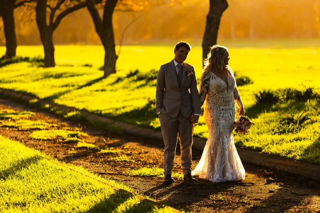 Two brides backlit in the tree avenue at golden hour