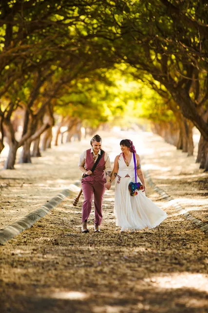 Two brides walking hand in hand down the tree avenue at Quarry Farm