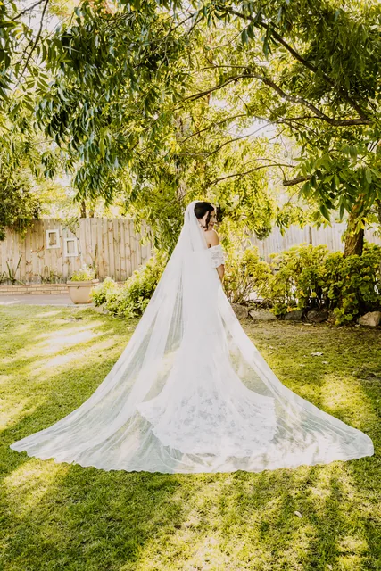 The bride's cathedral veil spread across the lawn